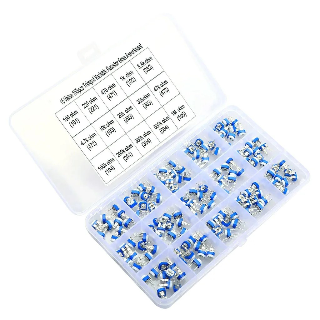 150 Pcs 15 Value 100 ohm- 1M ohm Trimpot Variable Resistor 6mm Potentiometer Assortment Kit